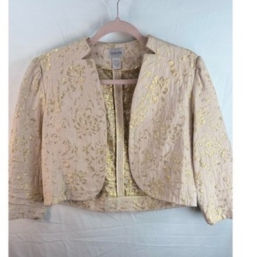 Chicos Silk Blend Gold Metallic Floral Brocade‎ Bolero Jacket Beige Size 0 S